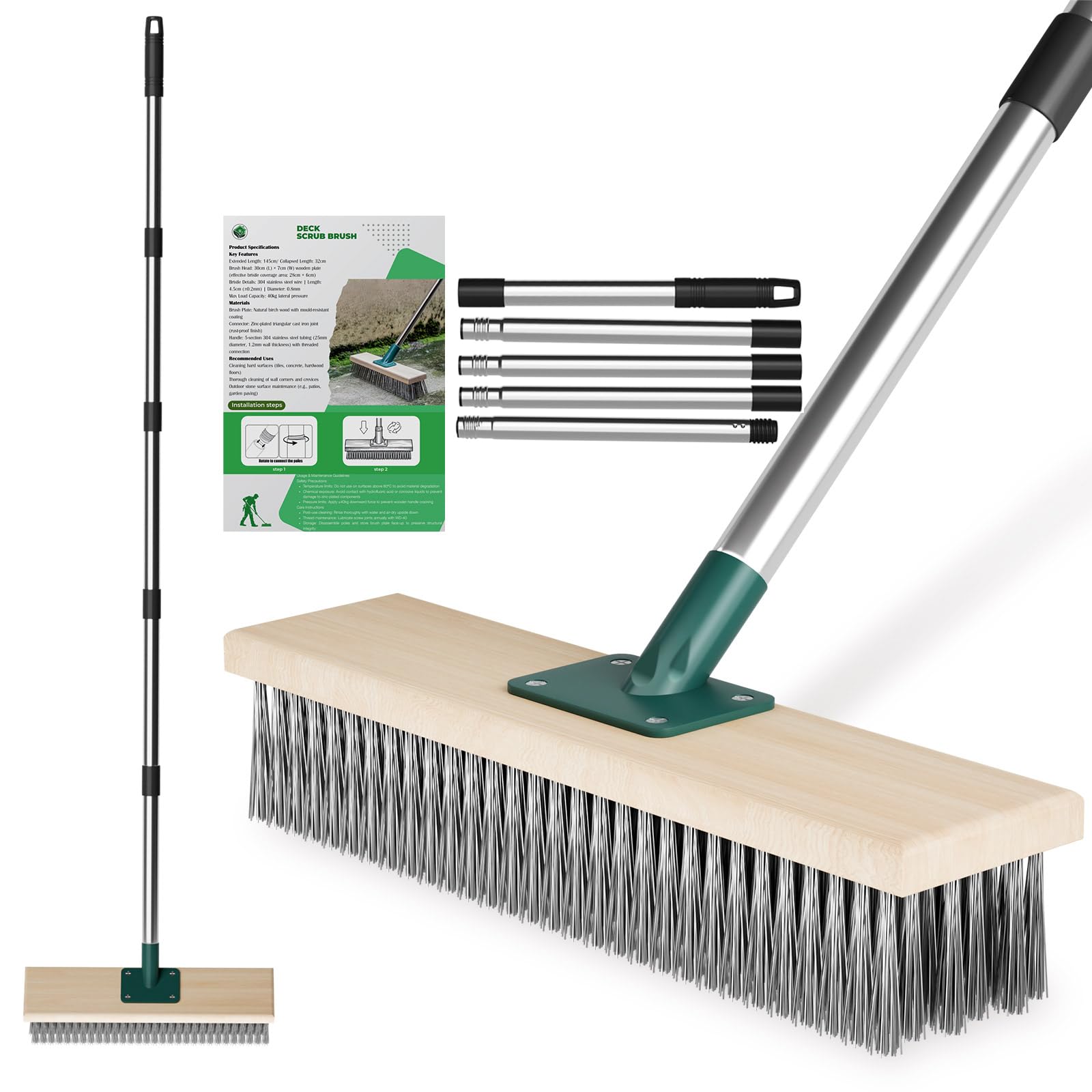 Drahtbesen zur Moosentfernung mit Stiel, Stahlbesen mit Teleskopstiel 145cm, 30cm Straßenbesen zum Entfernen von Moss, Unkraut und Pflastersteine, Robust Stahldrahtbesen für Garten, Deck, Terrasse