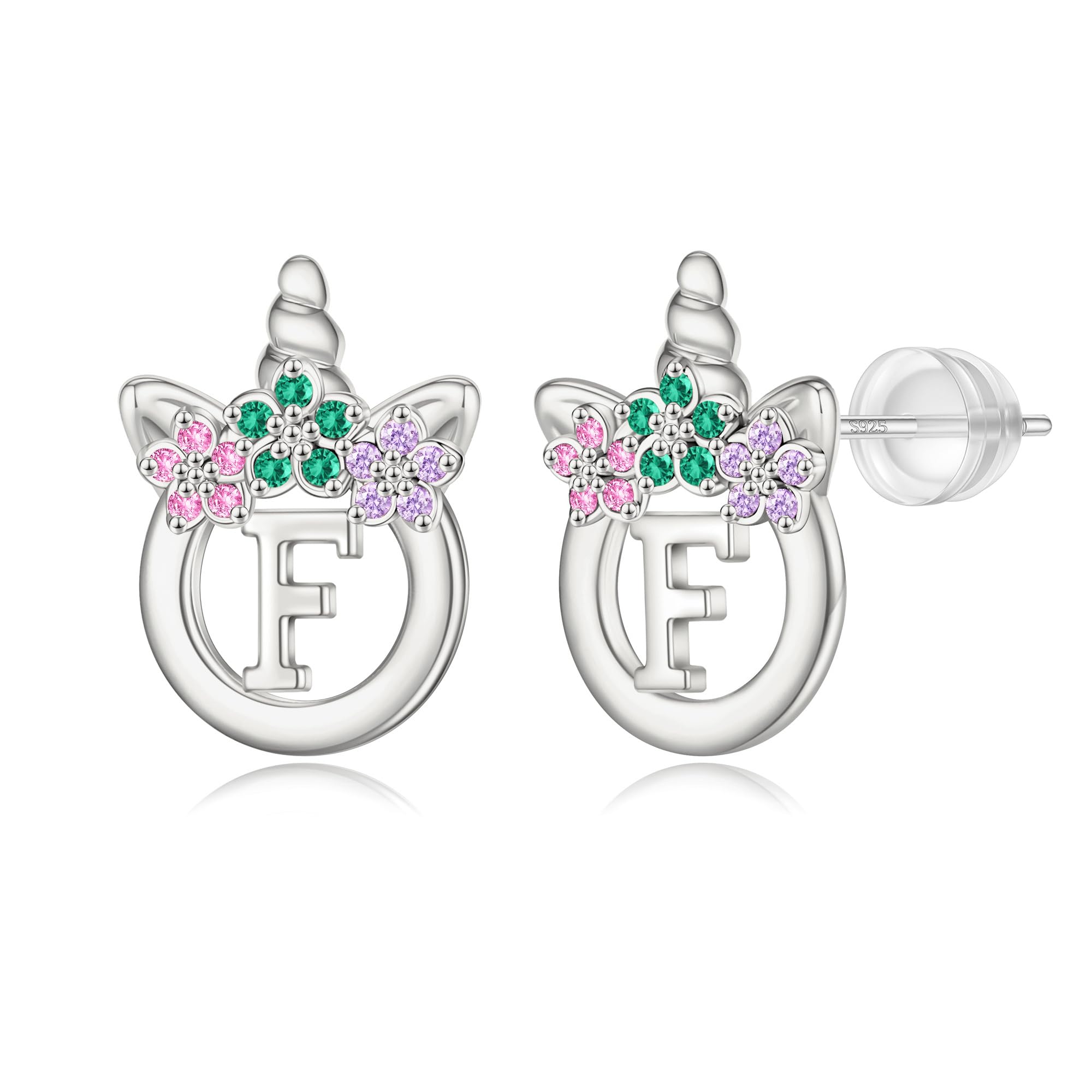 Unicorn Earrings Gifts for Girls - 925 Sterling Silver Stud Earrings Hypoallergenic Initial Unicorn Earring for Girls Kids Jewelry CZ Birthday Gifts