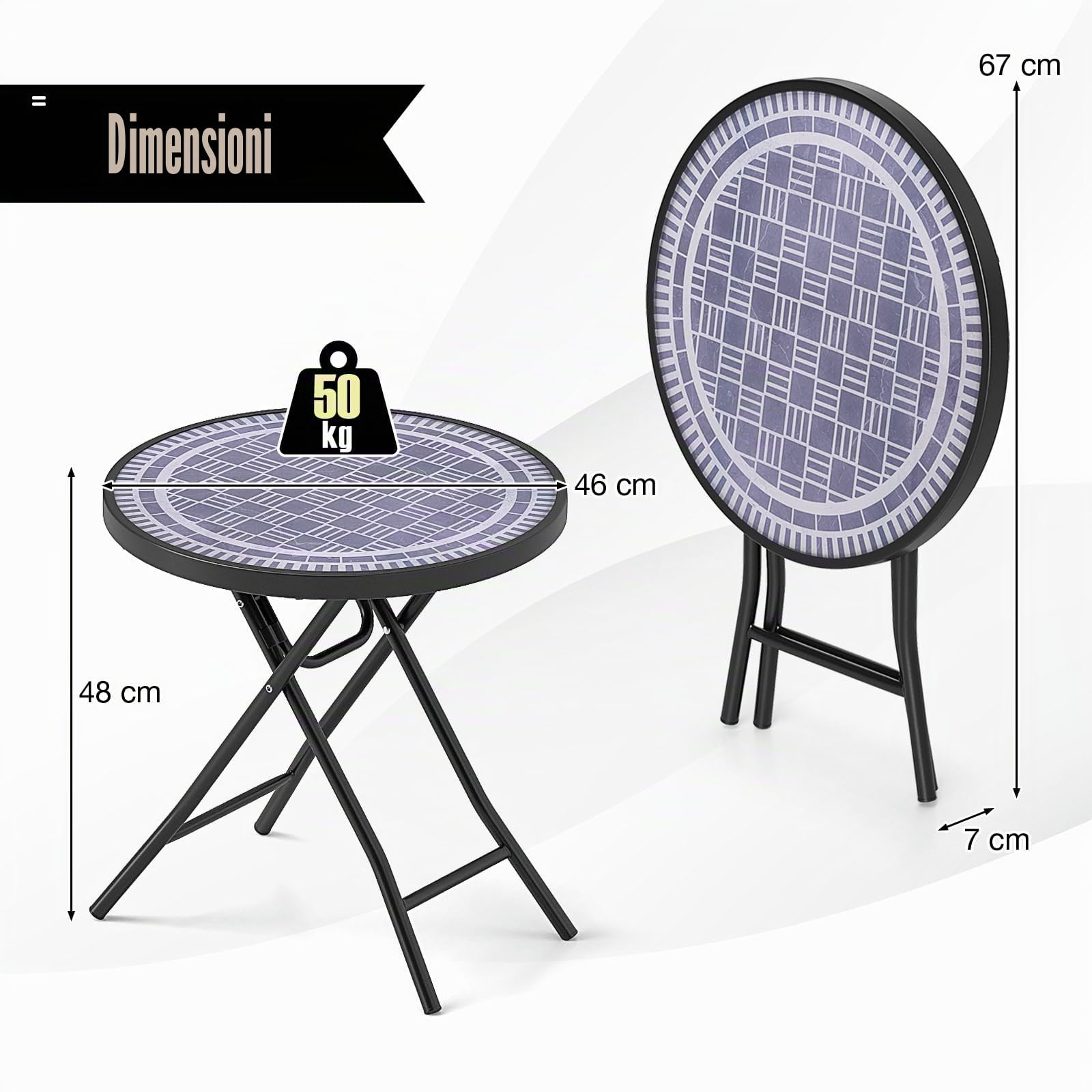 KOMFOTTEU Tavolo da giardino in vetro temperato da 46 cm, tavolino pieghevole con telaio in metallo, tavolo da pranzo rotondo per patio, terrazza, balcone, tavolo laterale per interni ed esterni