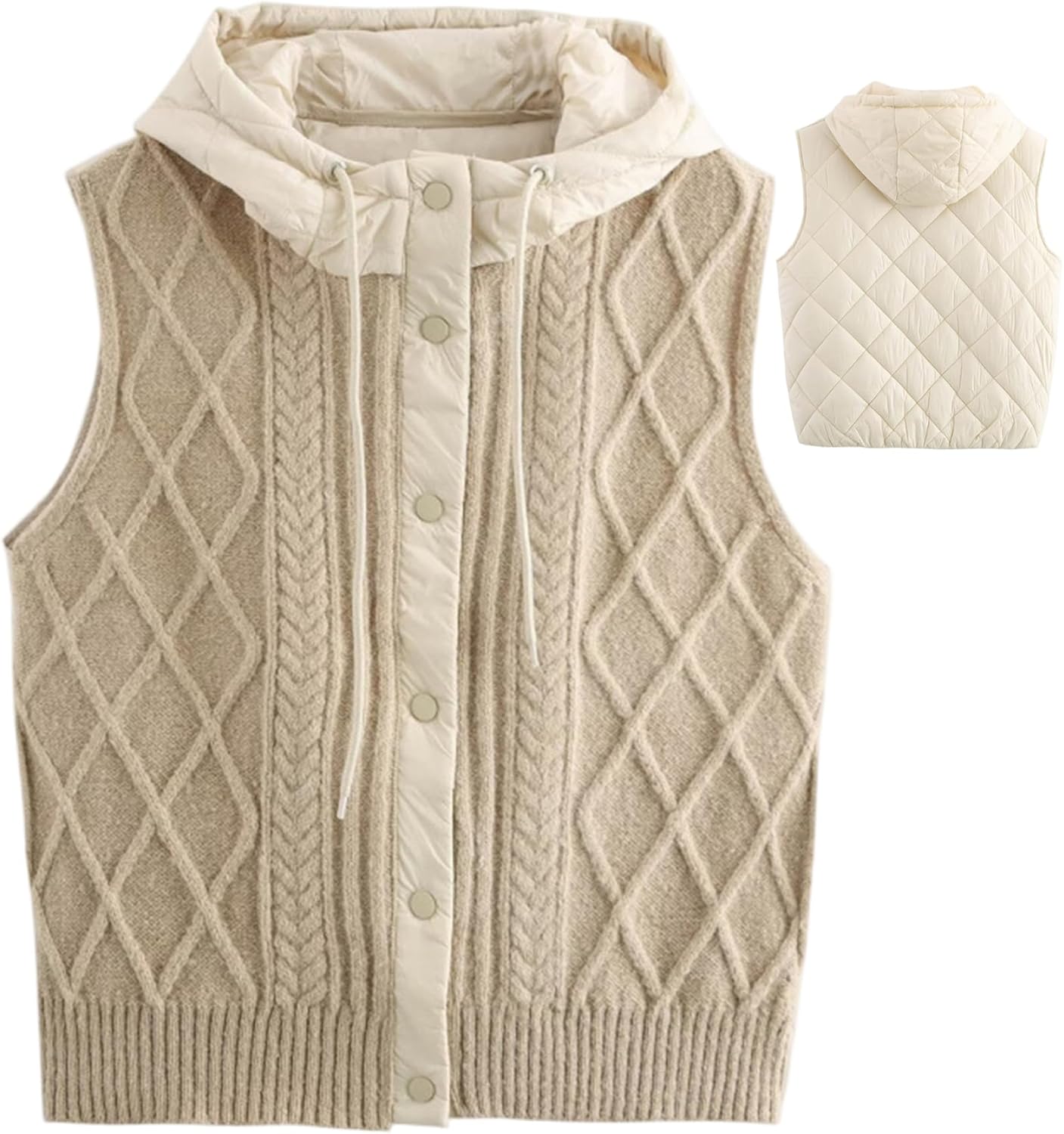 Hooded Vest Women Warm Quilted Knit Women Sweater Vest with Puffer Back Lightweight Sleeveless Jacket for Winter Cold Weather, Khaki Womens with Hood