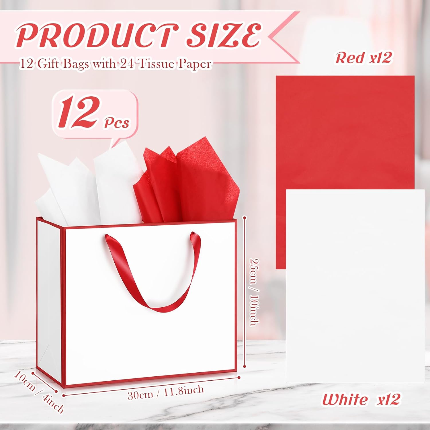 ReliThick 12 Pack Metallic Paper Gift Bag with Handles and Tissue Paper 11.8 x 10 x 4'' Thank You Favor Bag for Graduation Mother's Day Wedding Bridesmaid Groomsman 5 Senses Gifts (White,Red)