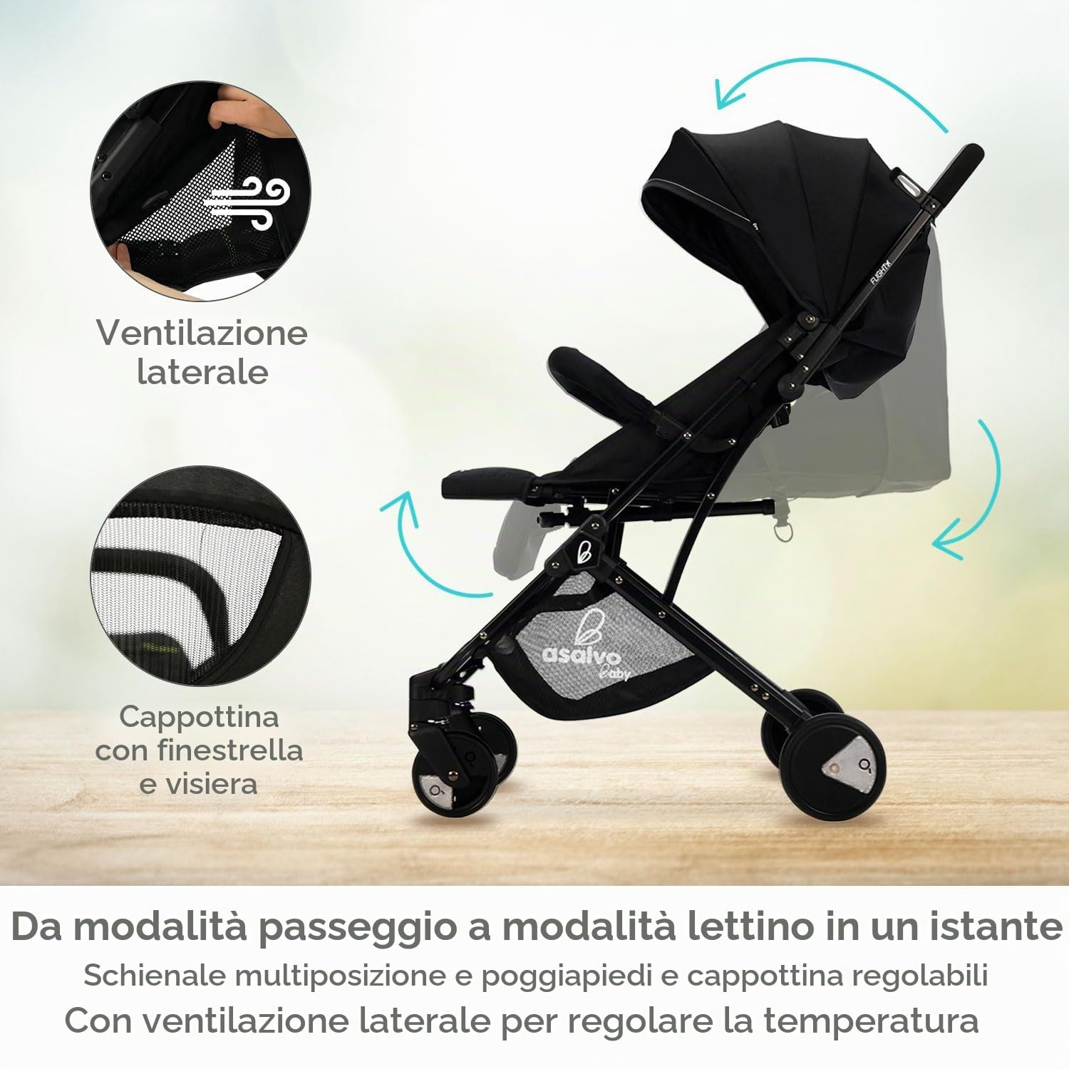 Asalvo FLIGHT Passeggino leggero, carrello pieghevole ultra leggero e compatto, manico trolley, bagaglio aereo, reclinabile, peso 6,6 kg, barra di sicurezza, imbracatura a 5 punti, da 0 mesi (nero