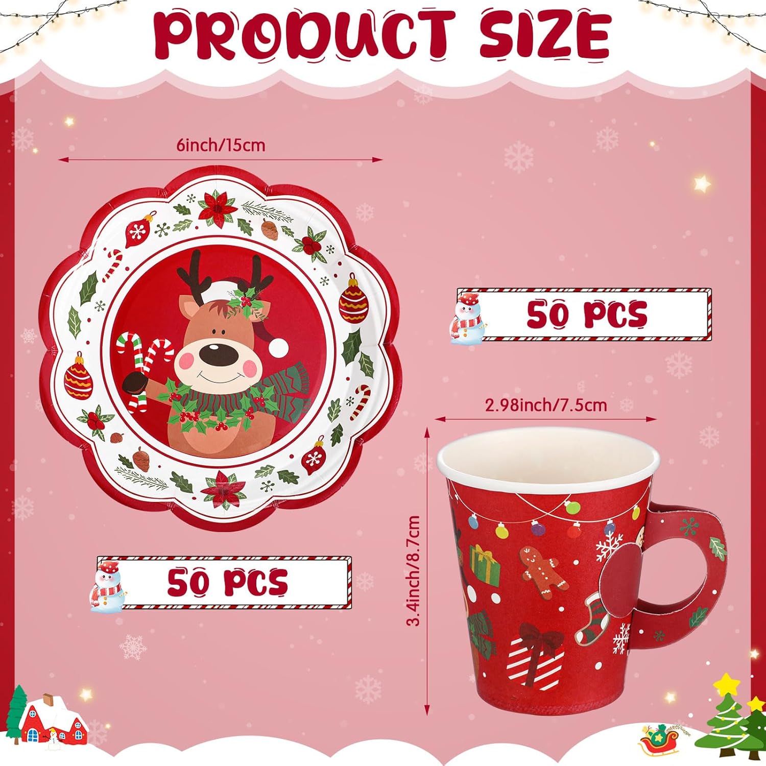 Honeydak 100 Pcs Christmas Disposable Paper Cups and Saucers Include 50 Pcs 9 oz Xmas Paper Cups with Handle Disposable Christmas Hot Chocolate Mugs Xmas Plates Teacups Set(Elk)