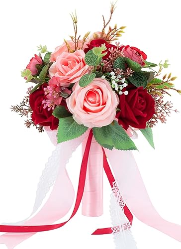 Ramos de boda rojos y rosas para novia, ramo de dama de honor, rosas artificiales, ramo de novia para boda, iglesia, decoración del hogar, regalos