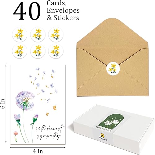 Miniatura 2 de Paquete de 40 tarjetas de condolencias con sobres, tarjetas de condolencia de flores de acuarela, tarjeta de duelo, juego de caja a granel pensando