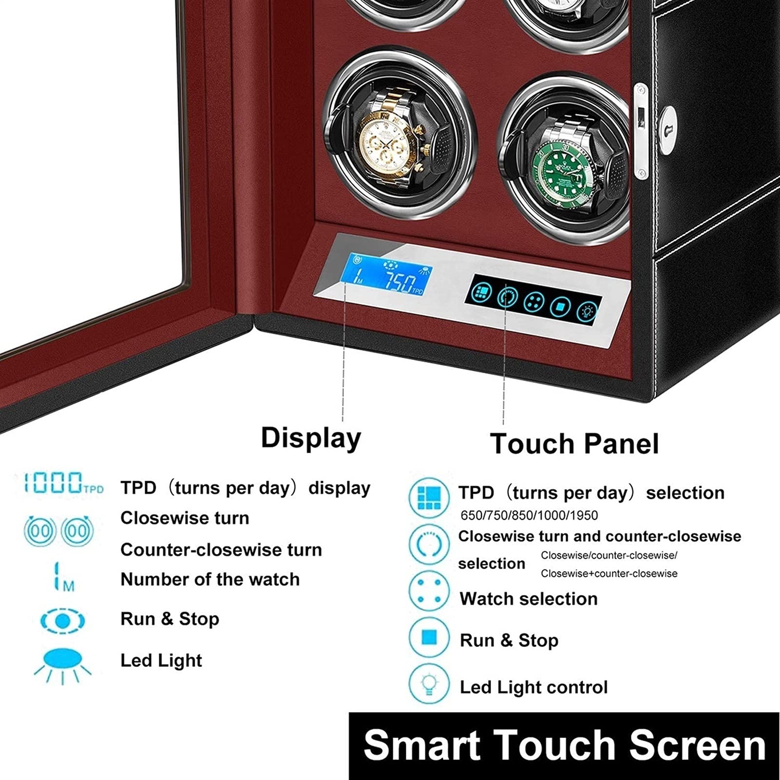 FENOKD Watch Display Box Automatic Watch Winder for 4 Watches with LCD Touch Screen LED Illumination TPD Rotation Mode Setting Quiet Japanese Motor F