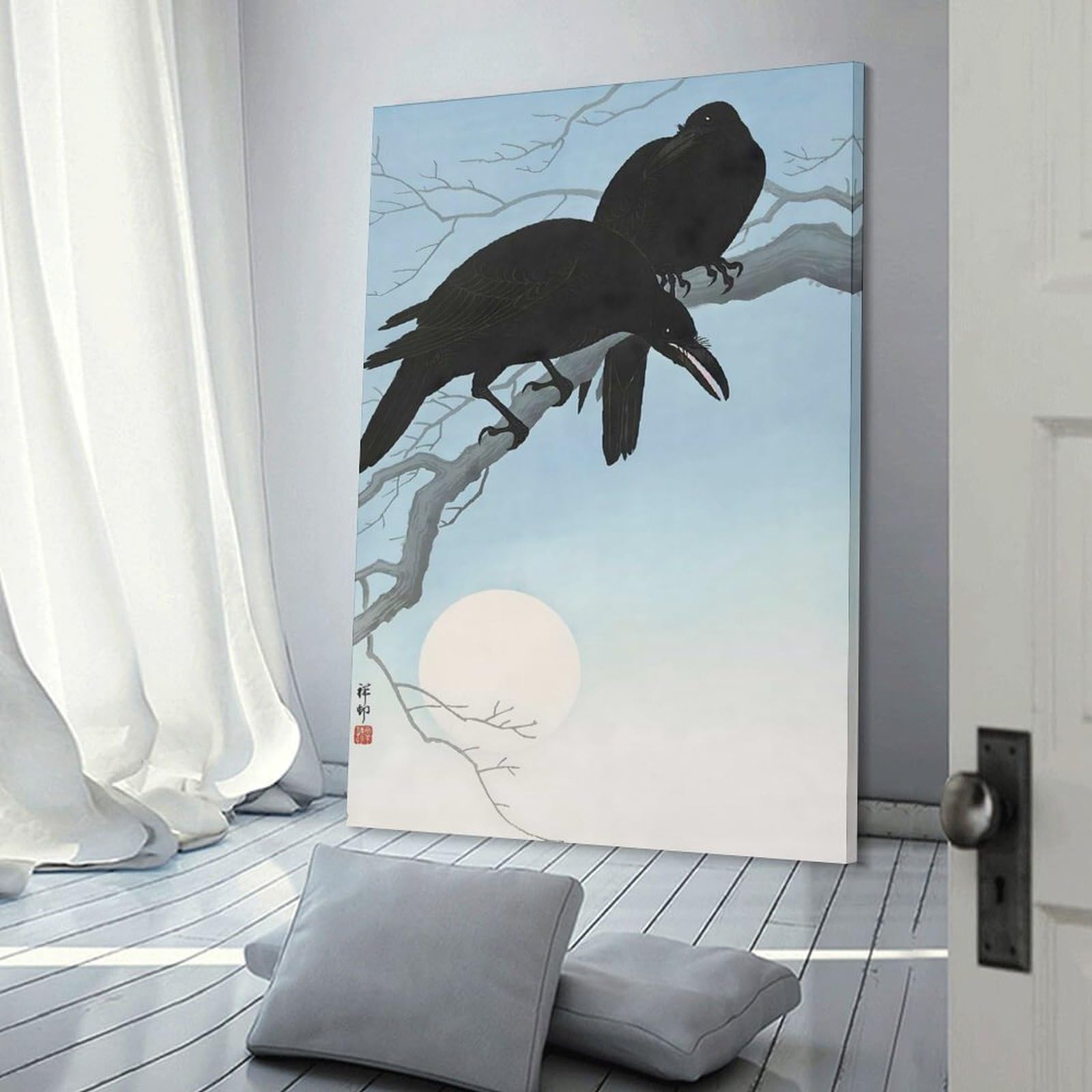 Junmoney Frame-Style-21-1 Ukiyo E Two Crows Canvas Wall Decor, 20X30inch(50X75cm), For Home Walls, Creative Rooms Or Shared Spaces, Stylish Home Artwork For Focal Walls