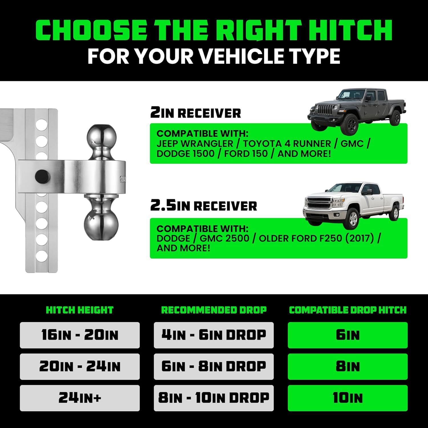 Rhino USA Adjustable Trailer Hitch (2.5-Inch Receiver) - Heavy Duty Aluminum Tow Hitches with 8-Inch Drop/Rise for Truck (18,500 LBS GTW) - Weatherproof Double Anti-Theft Locking Hitch Pins (Silver)