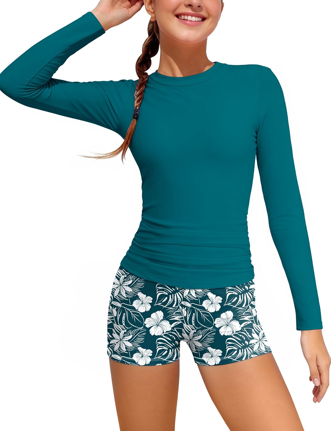 GEMLON Girls Rash Guard Swimsuit 2PCS Long Sleeve Swimsuit with Tropical Shorts Girls Bathing Suits Size 7-16 Years