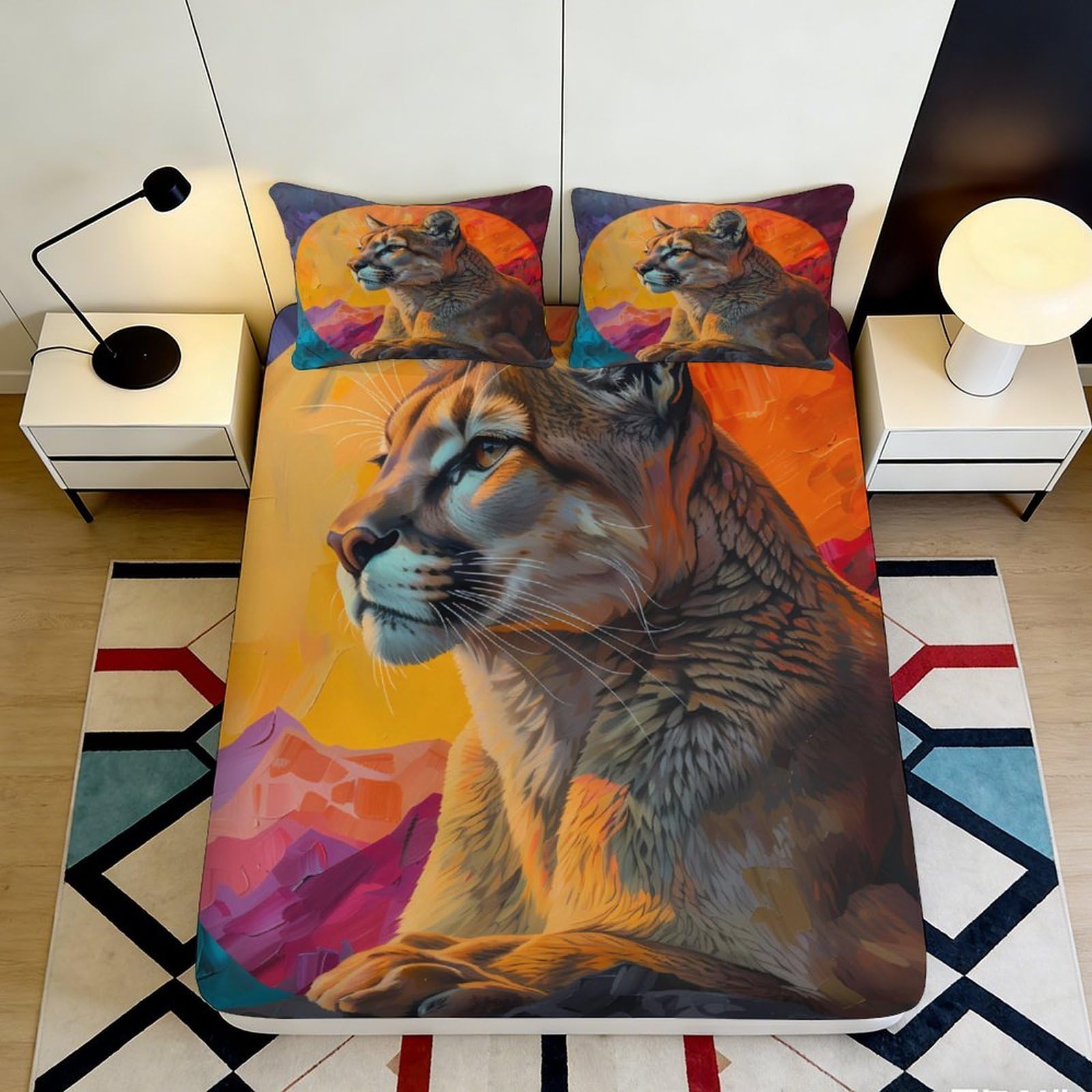 3D Printed Wild Mountain Fitted Sheet Microfiber Soft Breathable Cougar Sunset Bed Cover for Bedroom Dorm Guest Room Decor 90x200x25cm