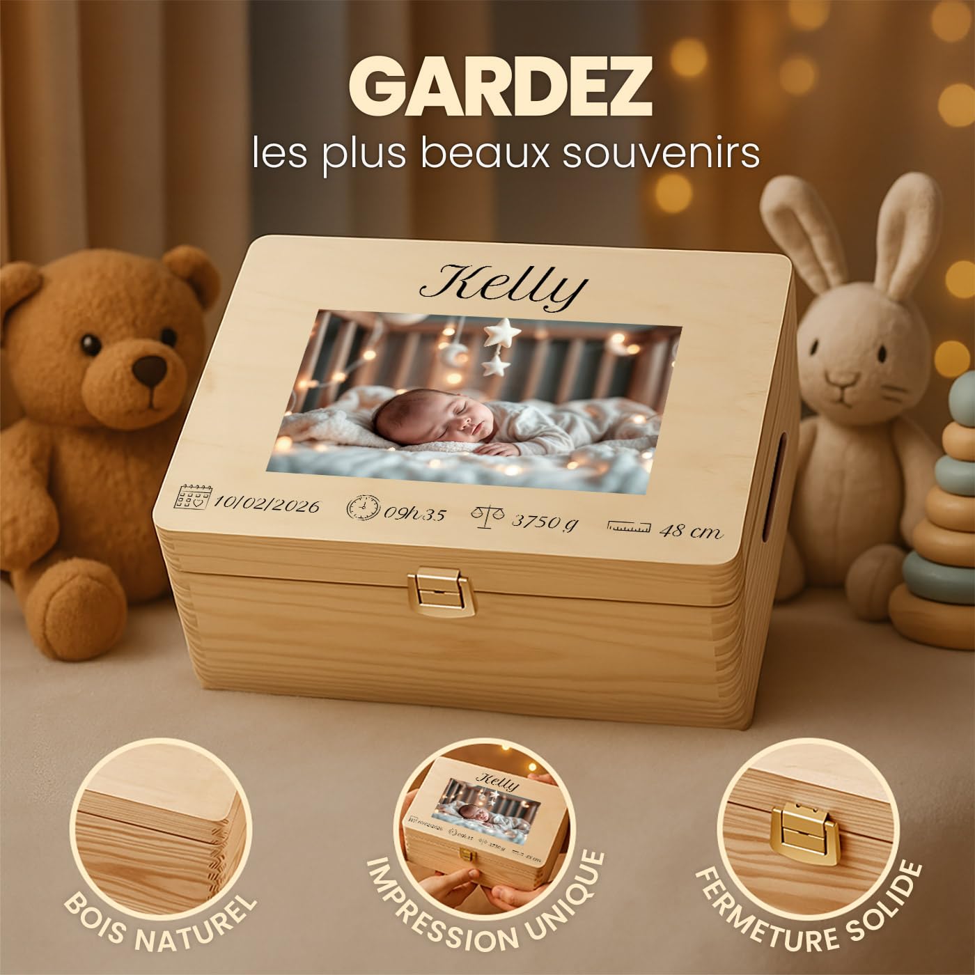 Maverton Boite Souvenir Bebe Personnalisable - Cadeau Naissance Personnalisé - L/XL Boite de Rangement avec Couvercle en Bois de Pin Naturel - Cadeau Noel - Cadeau Anniversaire Enfant Personnalisé