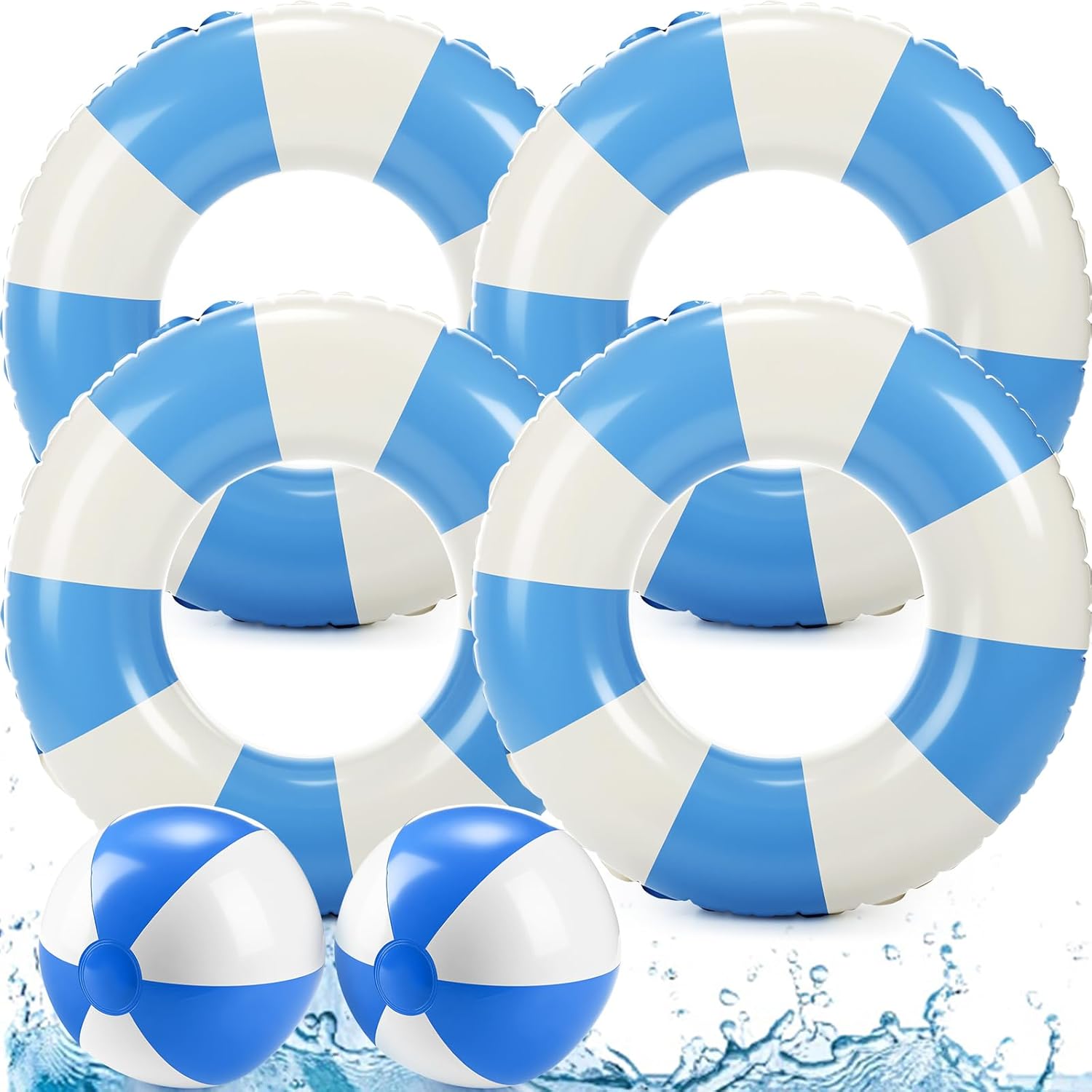 4 Pcs 35 Inch Jumbo Striped Inflatable Pool Floats with 2 pcs Beach Ball for Adults Swimming Pool Tubes for Summer Swimming Beach Party