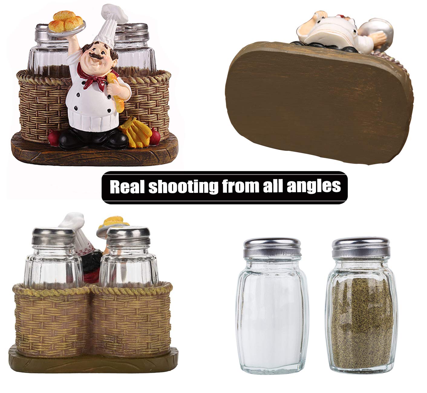 Juego de salero y pimentero, organizador de especias decorativo de chef sentado, tarros de especias de cristal con soporte para la familia, cocina, restaurante, cafetería, panadería