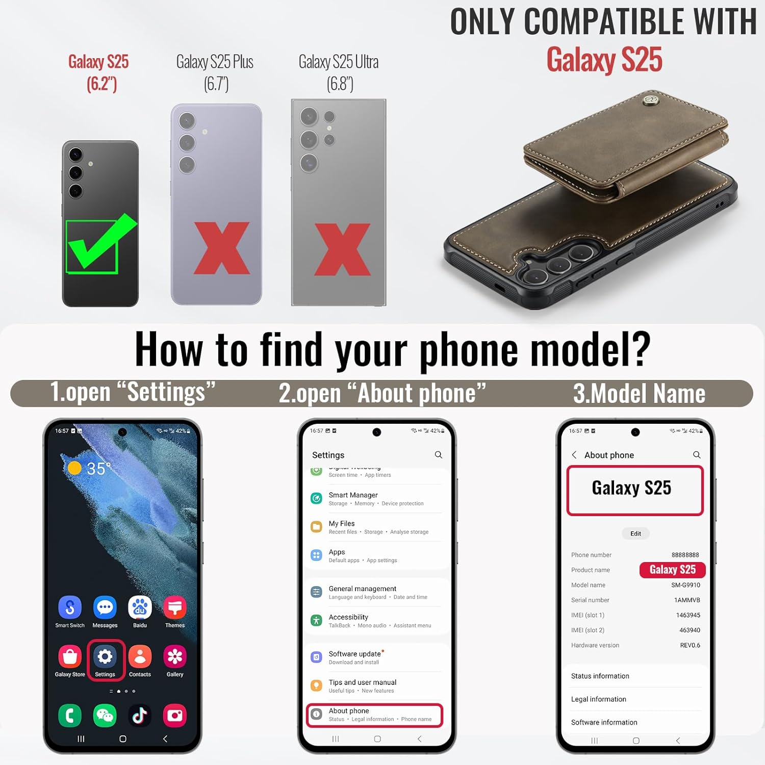 Compatible with Magsafe for Samsung Galaxy S25 Wallet Case Magnetic Card Holder, RFID Blocking 2 in 1 Detachable Kickstand Shockproof Case for Women Men, Brown