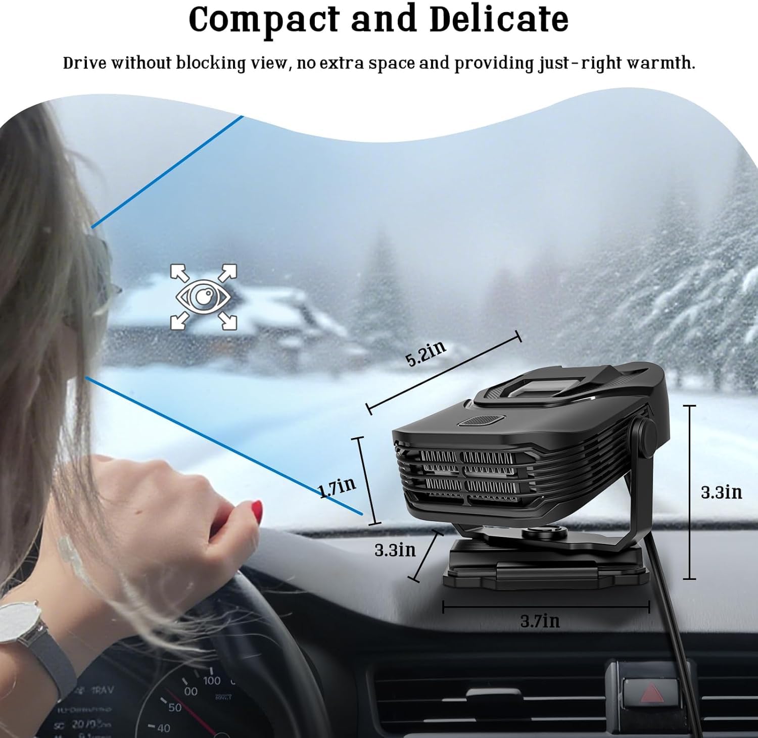 Chauffage de voiture, 2 en 1 Chauffage et refroidissement rapide avec dégivrage et désembuage, support à aspiration à rotation 360°, prise allume-cigare pour tous les pare-brise de voiture