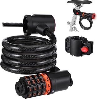 Wikay Bike Lock with LED Light Bicycle Lock Combination with 5-Digit Code High Security Cycle Lock with Brackets 1.2mx12mm Coiling Cycle Cable Lock for Bike Motorcycle Door Scooter Tricycle Black