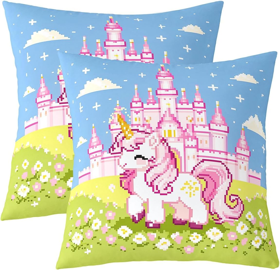Castle Fairy Pixel Unicorn Throw Pillow Covers Pack of 2,Princess Castle Dual-Sided Print Kid Boy Teen Adult,Pixelated Florals Cushion Cover,Cute Cartoon Animal Home Decor,18" Lx18 W No Pillow Insert