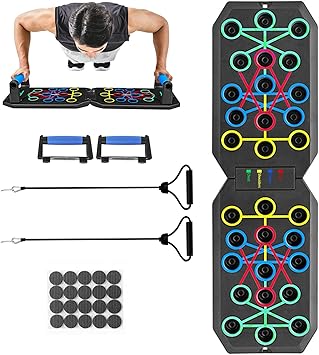 Push Up Board Fitness, BESUNTEK Foldable Multi-Function Exercise Board with Elastic Cord for Total Body Workouts, Portable Push Up Board for Floor