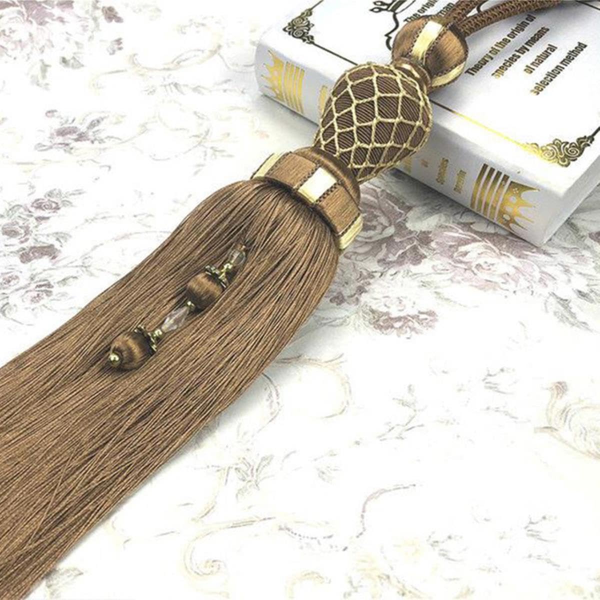 2pcs Rideau Pompon Boule Suspendue Haut de Gamme Maille Simple Boule Rideau Sangle pour la décoration intérieure-Marron