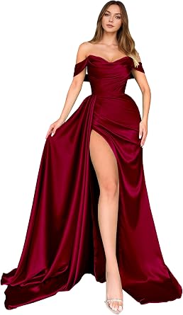 Dream Wedding Off Shoulder Satin Prom Dresses with Slit