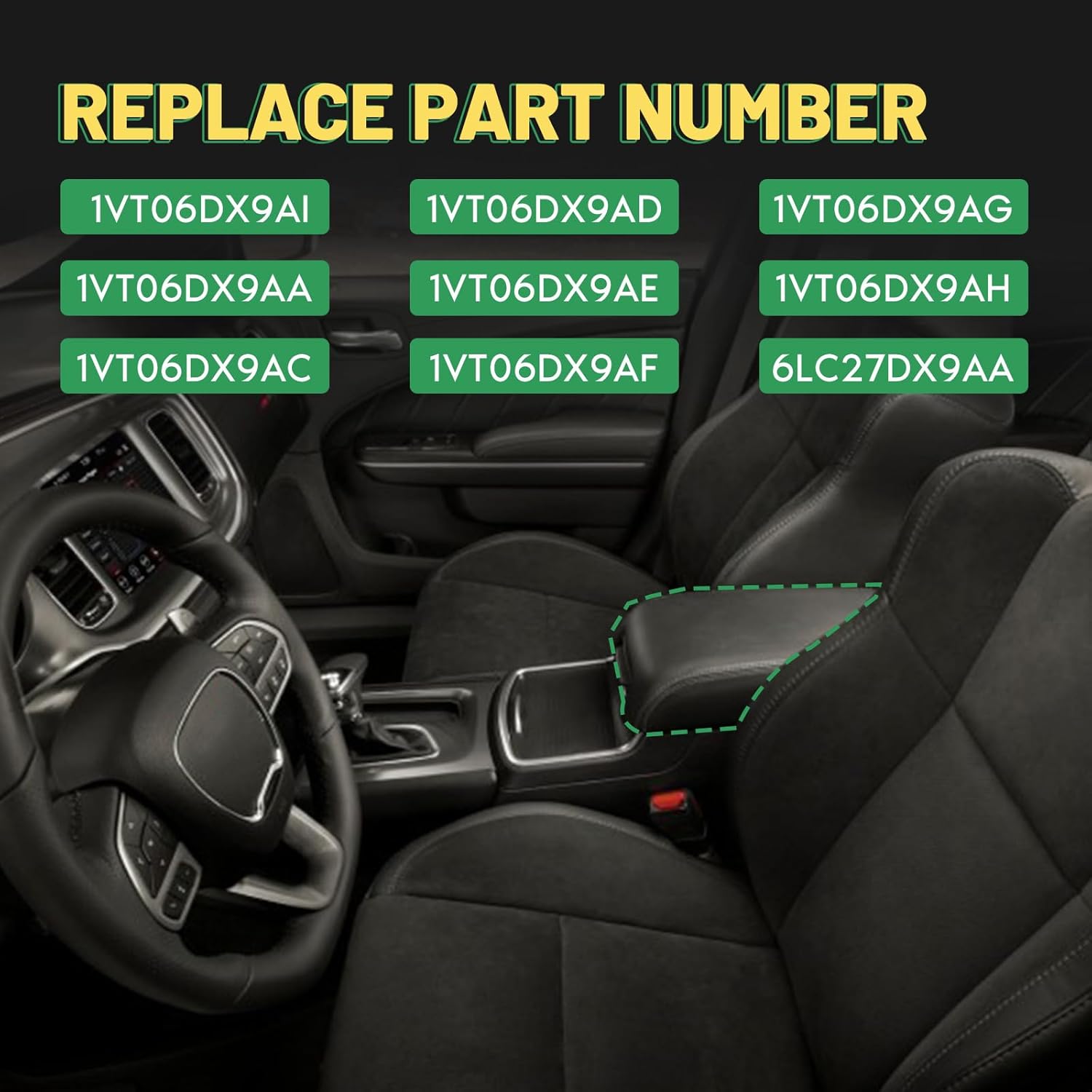 1VT06DX9AI Floor Center Console Armrest Lid Cover Assembly W/Base Compatible with Dodge Charger 2011-2021, Chry-sler 300 2015-2021 Replace 1VT06DX9AA 1VT06DX9AC 1VT06DX9AD 1VT06DX9AE, Black