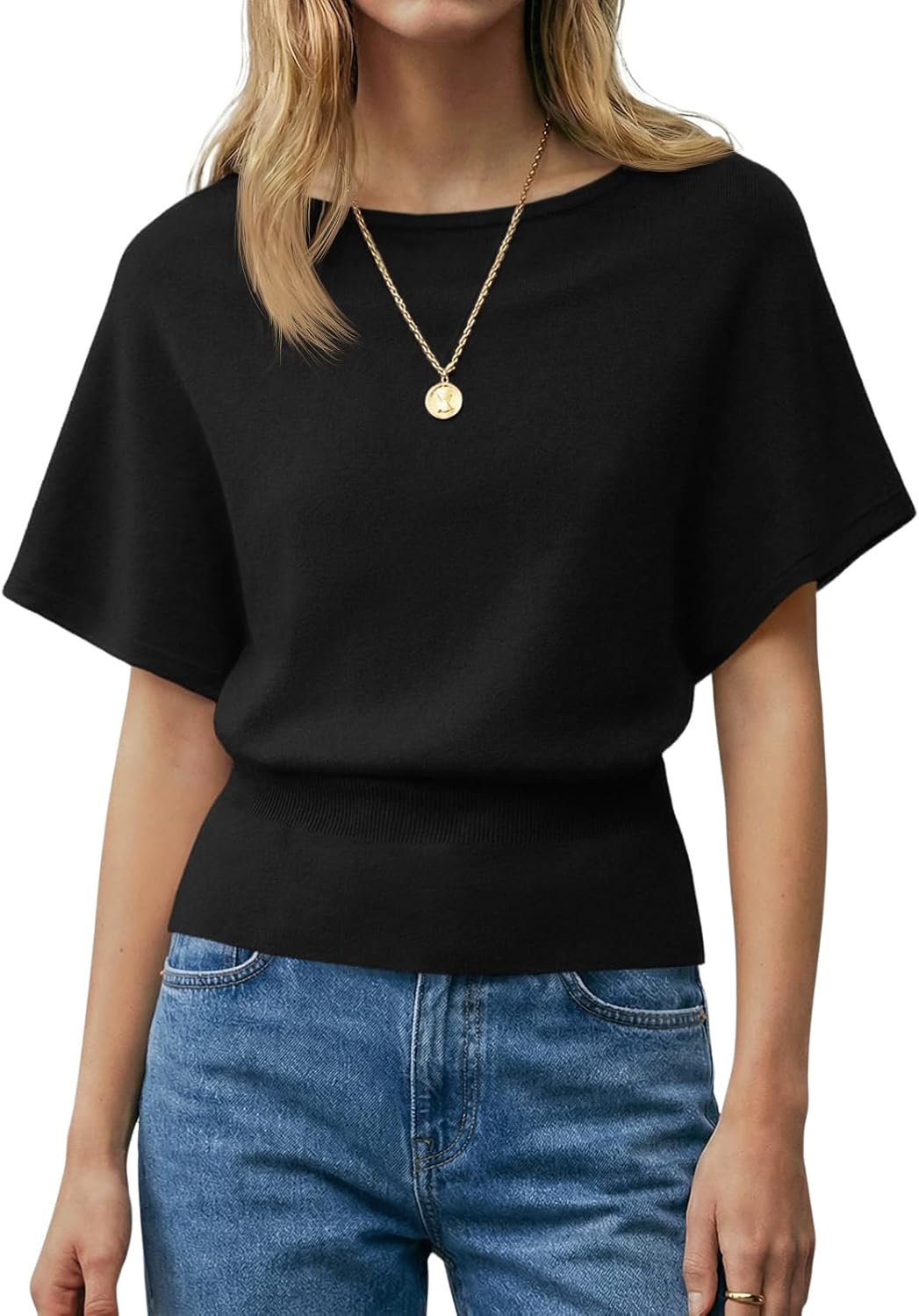 Saodimallsu Womens Boat Neck Summer Tops Batwing Dolman Short Sleeve Trendy Ribbed Knit Cinched Waist Knit Sweater Top