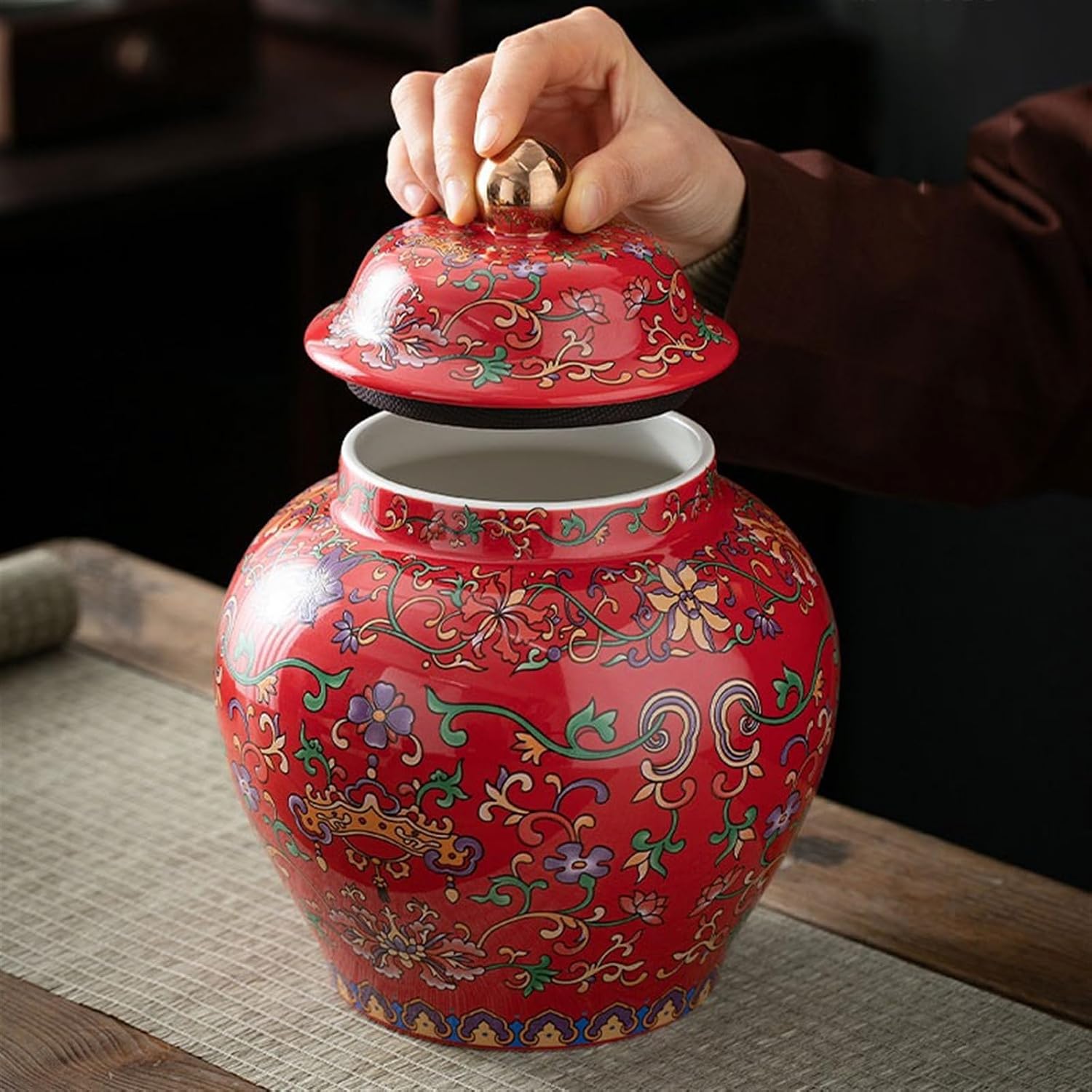 Tea Tin Luxury Classical Enamel Tea Canister Ceramic Large Black Green Sealing Jar Household Storage Container(Red)