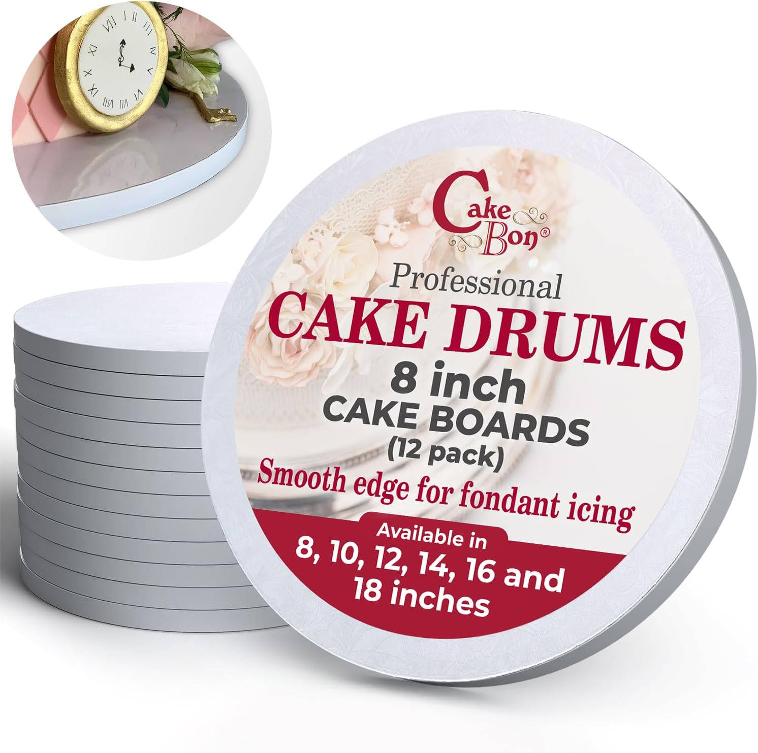Cakebon Round Cake Boards - Sturdy 1/2 Thick Drums - 8 Inch Professional Smooth Straight Edges White 12-Pack