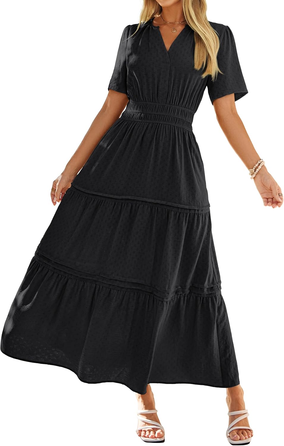 Simplee Womens 2026 Summer Casual Maxi Dress Spring Short Sleeve V Neck Elastic Waist A Line Flowy Beach Long Dresses Pockets