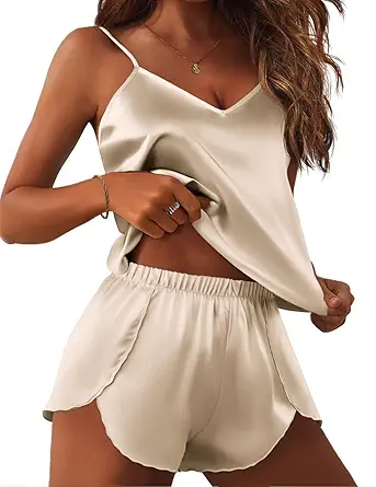 Satin Pajama Sets for Women 2 Piece Silky Cami Pj Set Soft Nightwear Lingerie Sleepwear Set