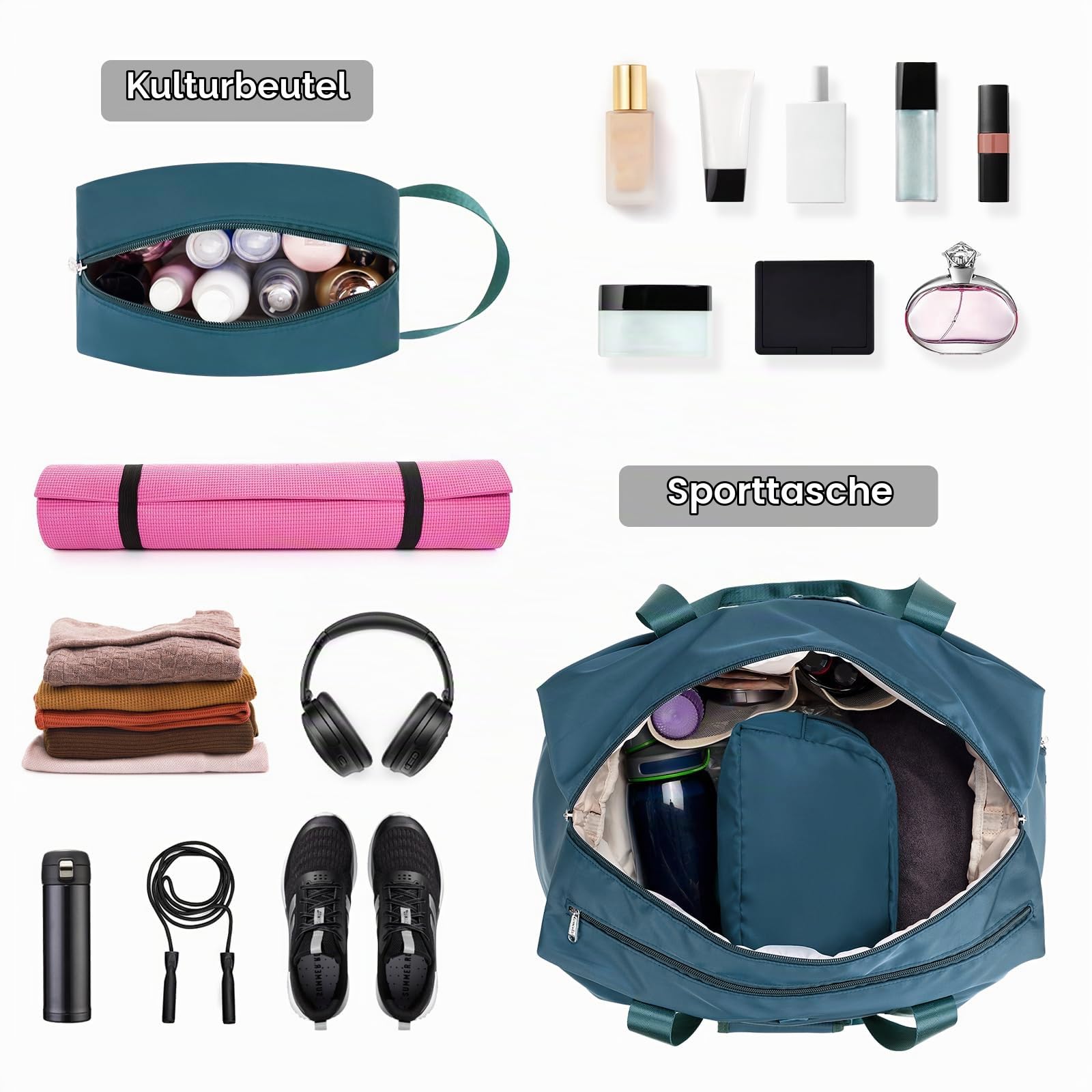 Ceneda Sporttaschen Klassische mit Schuhfach und Nassfach Tragbare Übernachtungs Wochenendtasche Reisetasche Yoga Tasche für Damen und Herren Gym Bag (Teal)