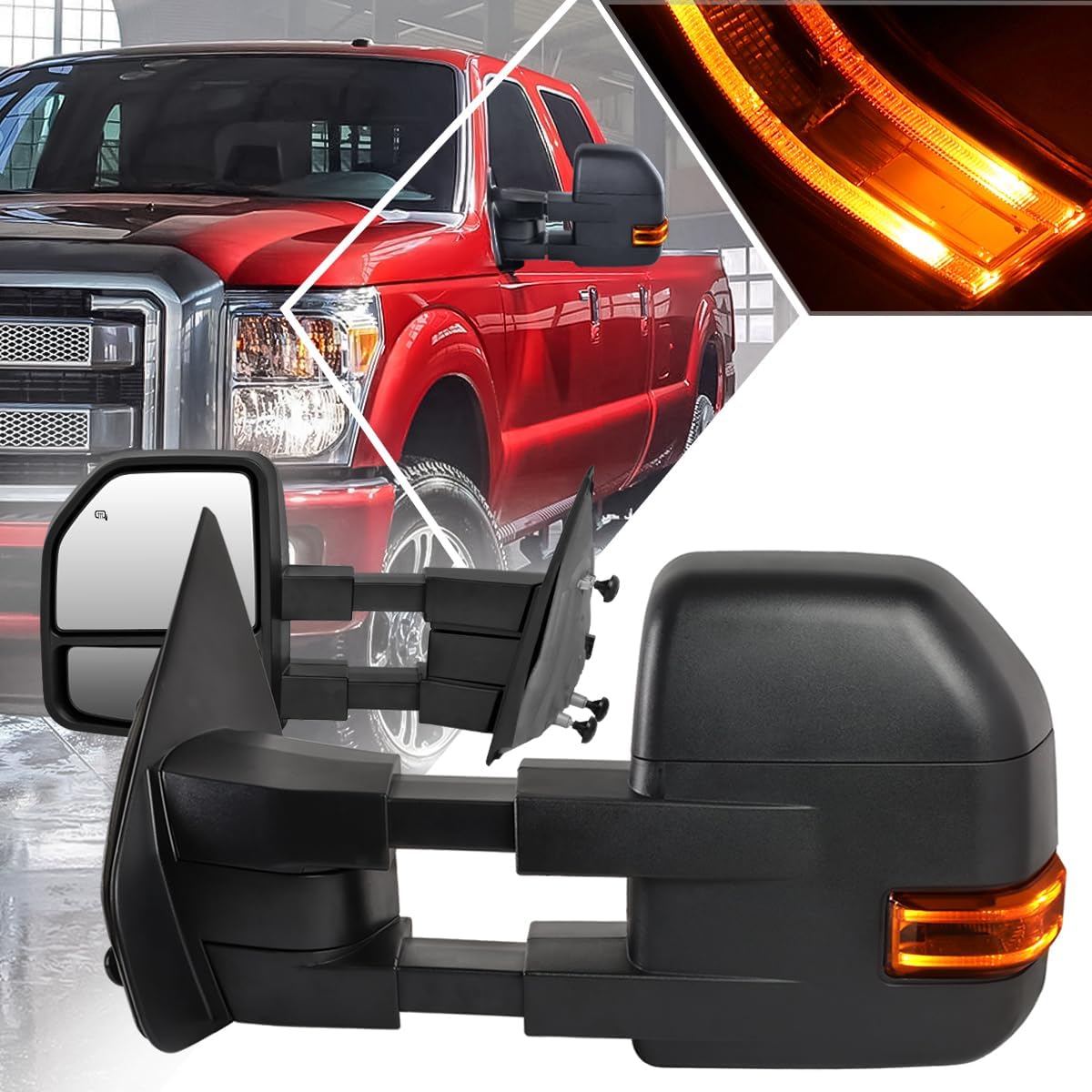 [Pair] Power Heated Tow Towing Mirrors w/LED Signal+Puddle Lamp Compatible with 04-14 Ford F150,Black