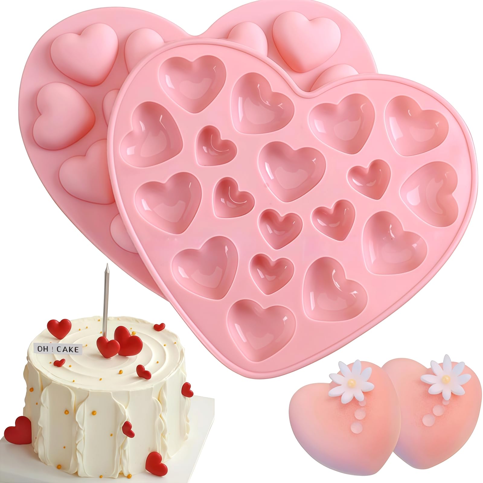 Samheng 2 Pcs Heart Shaped Chocolate Moulds, 3D Silicone Candy Making Moulds, Diy Jelly Mould For Birthday Christmas Valentine's Day Anniversary