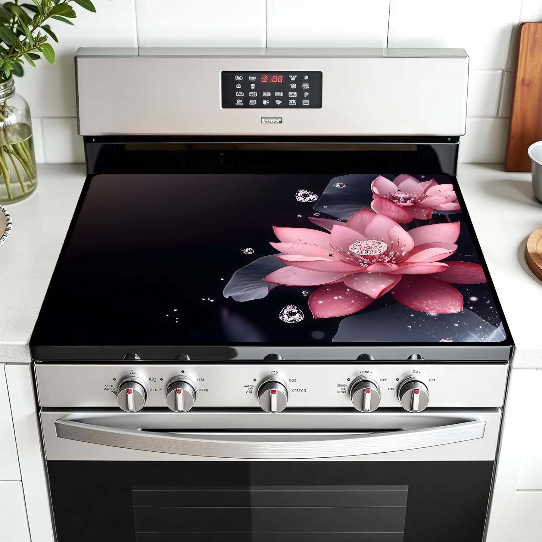 Multi-Design Silicone Stove Cover for Glass/Electric Stoves - 3-in-1 Heat-Resistant Protector Mat, Non-Slip Drying Rack 28"x20" (Lotus)