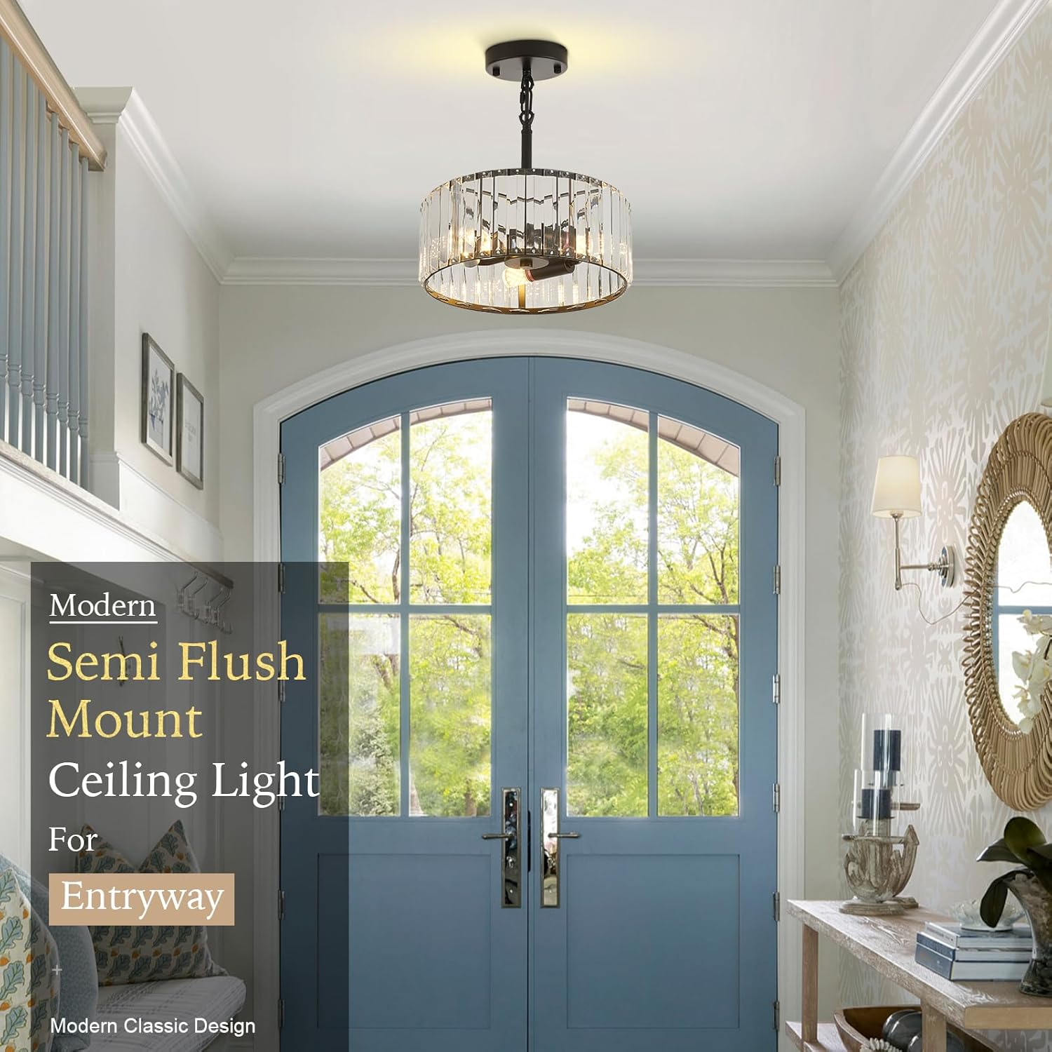 Modern Crystal Black Chandelier,11.7 inch semi Flush Mount Ceiling Dining Light Fixture with 3*E12 Base,Round Pendant Lighting for Dining Room Bedroom Hallway Bathroom Foyer Kitchen