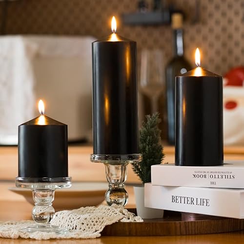 Miniatura 4 de Juego de 3 velas de pilar negras sin perfume vertidas a mano de 3 x 6 pulgadas, velas antigoteo, combustión de larga duración, aproximadamente 100