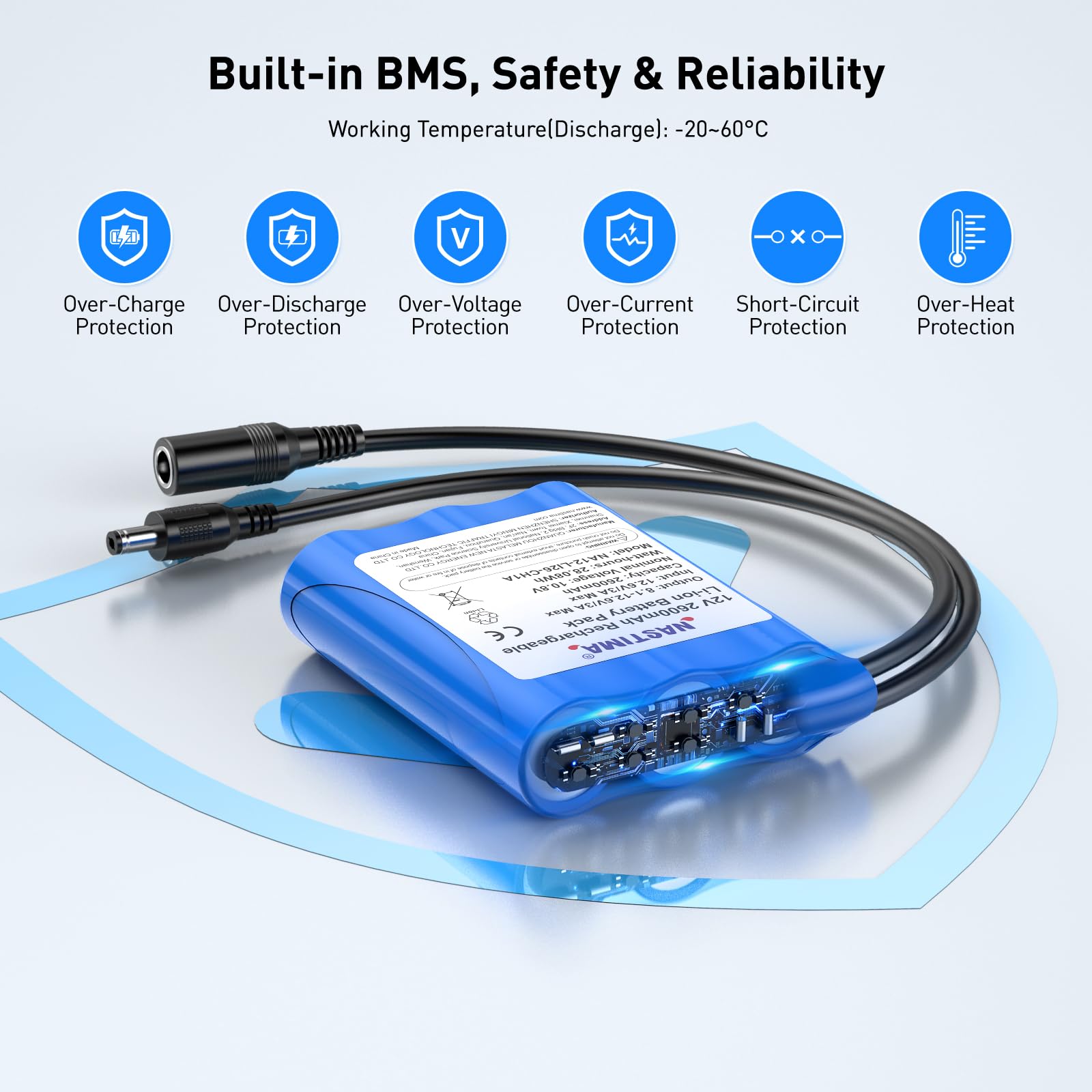 NASTIMA 2600mAh 28,08Wh 12V Batterie Lithium-Ion Rechargeable Adaptée aux Appareils Photo, Caméscopes, Lecteurs MP3, Claviers Électroniques, Routeur, Radio, etc. Chargeur et Connecteur Inclus