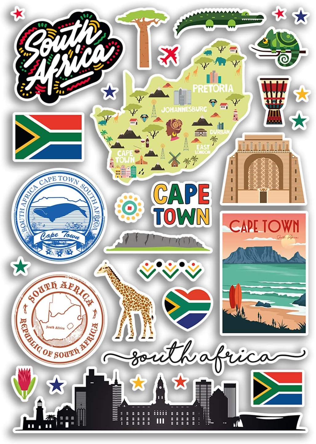 DV DESIGN A4 Sticker Sheet South Africa Landmarks Vinyl Stickers - African City Map Airport Stamp Skyline Flag Travel Holiday Culture Aesthetic #79999