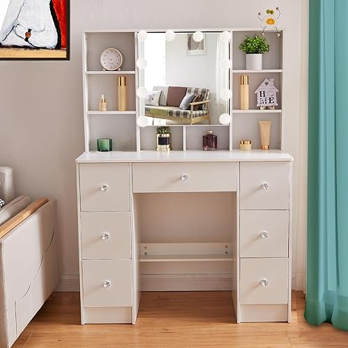 Miniatura 9 de Escritorio de tocador con espejo grande, tocador de maquillaje grande con 7 cajones y espejo de luces LED Hollywood, 3 modelos de brillo ajustable,