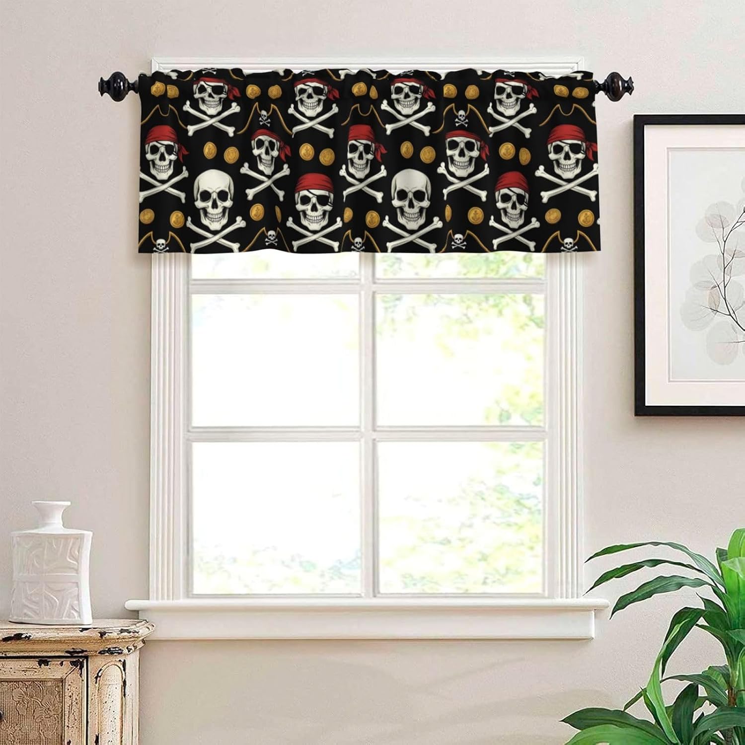 Valance for Windows Pirate Skulls Crossbones Gold Coin Short Curtains Rod Pocket Window Treatment for Kitchen Living Room Bedroom Bathroom Decor 1 Panel, 54x18in