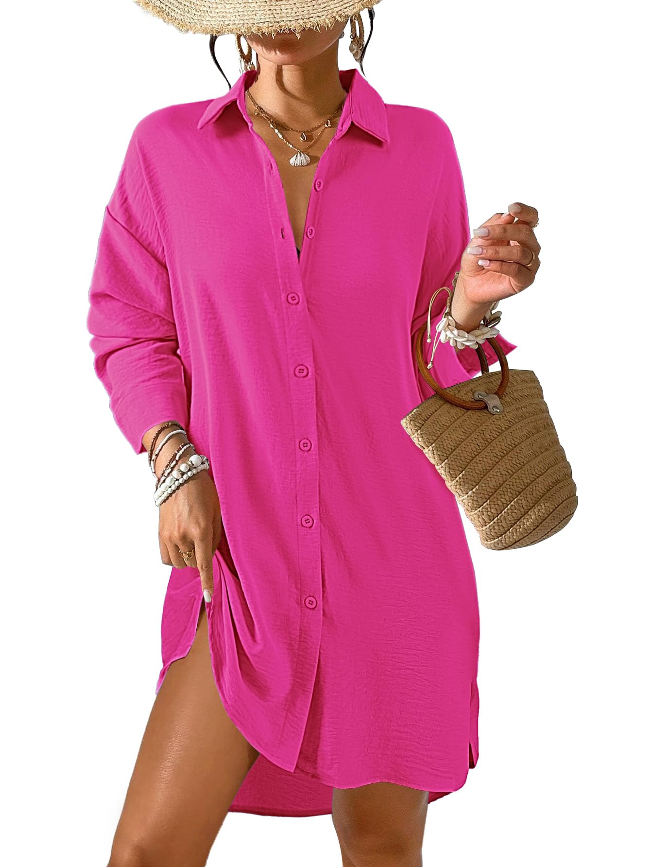 Tanmolo Damen Strandkleid Bikini Cover Up Sommer Strandbluse Strandhemd V-Ausschnitt Strandponcho Bademode Strand Vertuschen Shirt
