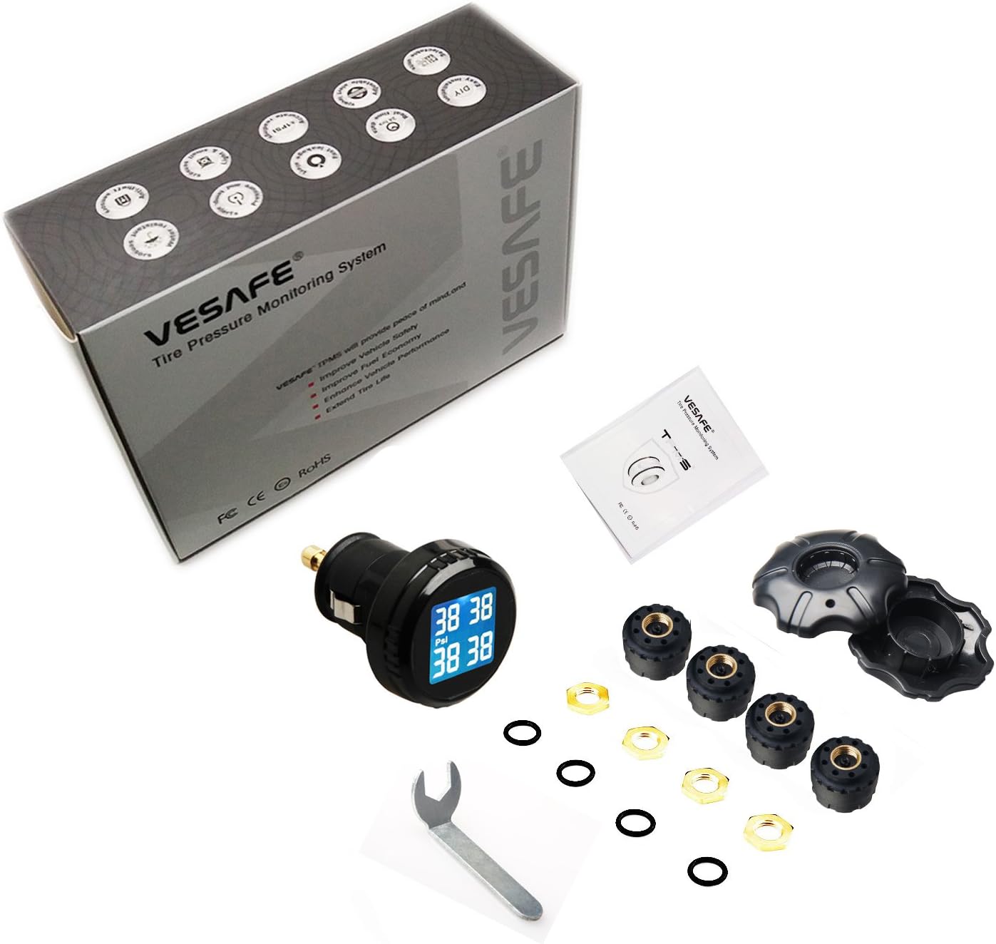 VESAFE Wireless Tire Pressure Monitoring System (TPMS) for Small Size 4-tire Vehicles, Including 4 External Cap sensors (0-87PSI)