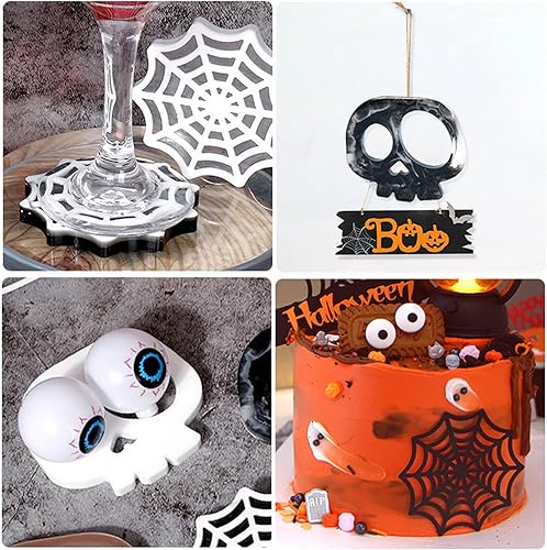 Miniatura 4 de Molde de resina para posavasos de Halloween, 6 moldes de silicona para resina epoxi, molde de telaraña de calavera para cementerio para fundición