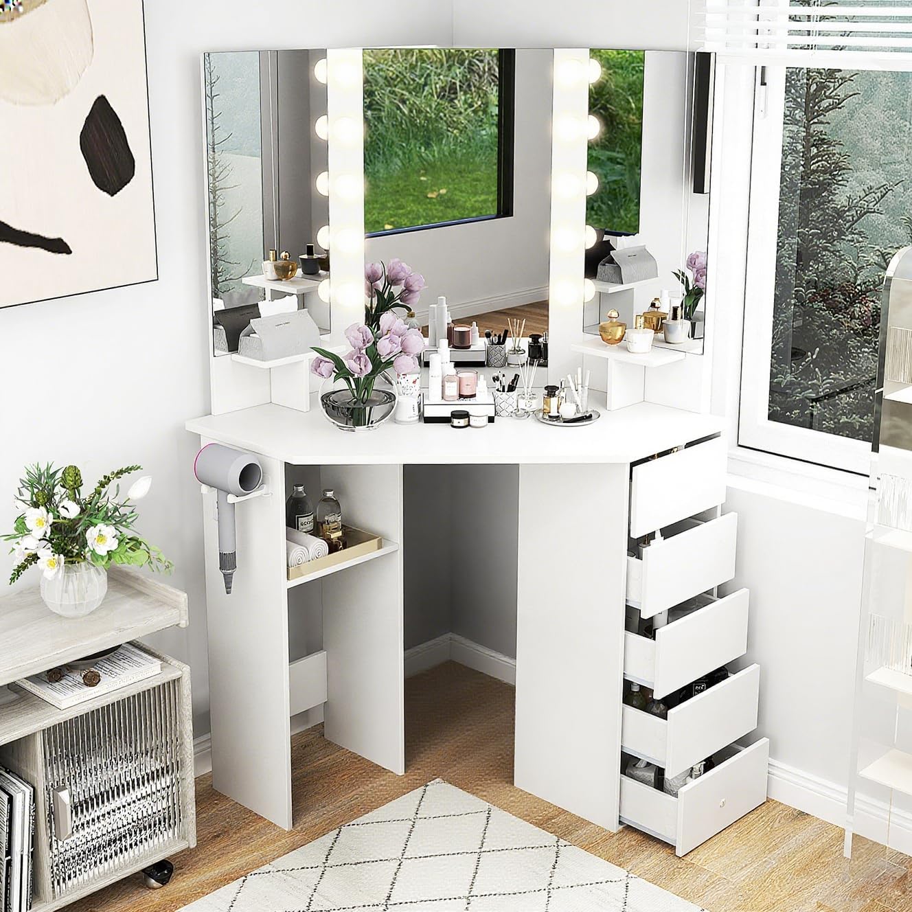 COSTWAY Corner Vanity Desk with Mirror and Lights, Modern Dressing Table with Charging Station, 5 Storage Drawers for Small Space, Bedroom Makeup Vanity Desk for Women, Teen, Girls (White)