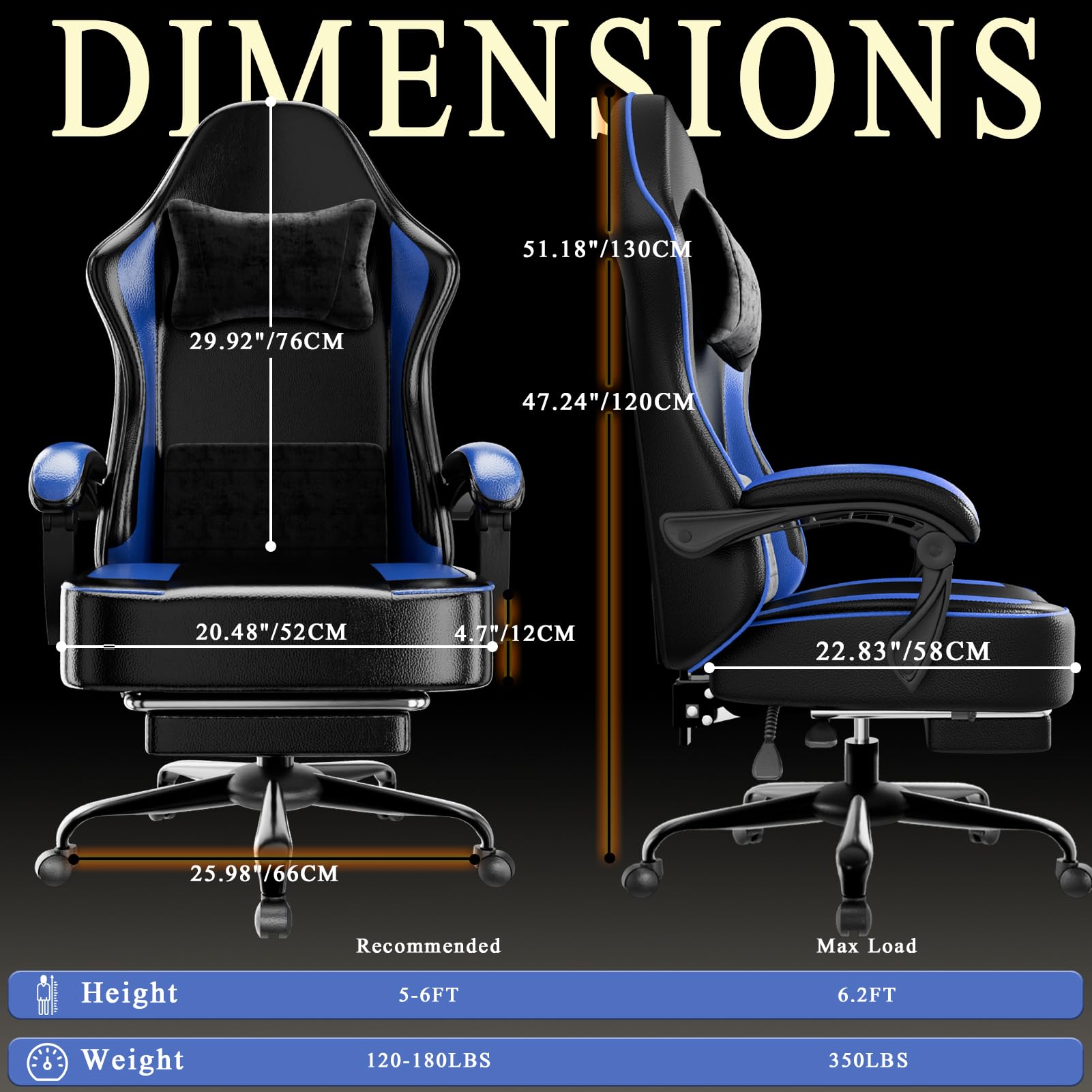 Fauteuil Gaming Chaise Gaming Ergonomique (Bleu + Noir)