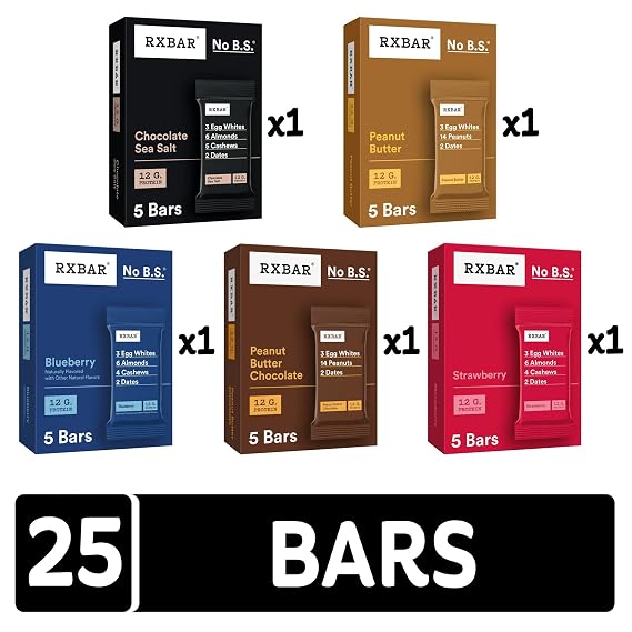 RXBAR Protein Bars, 12g Protein, Gluten Free Snacks, 5-Flavor Variety Pack (5 Boxes, 25 Bars)