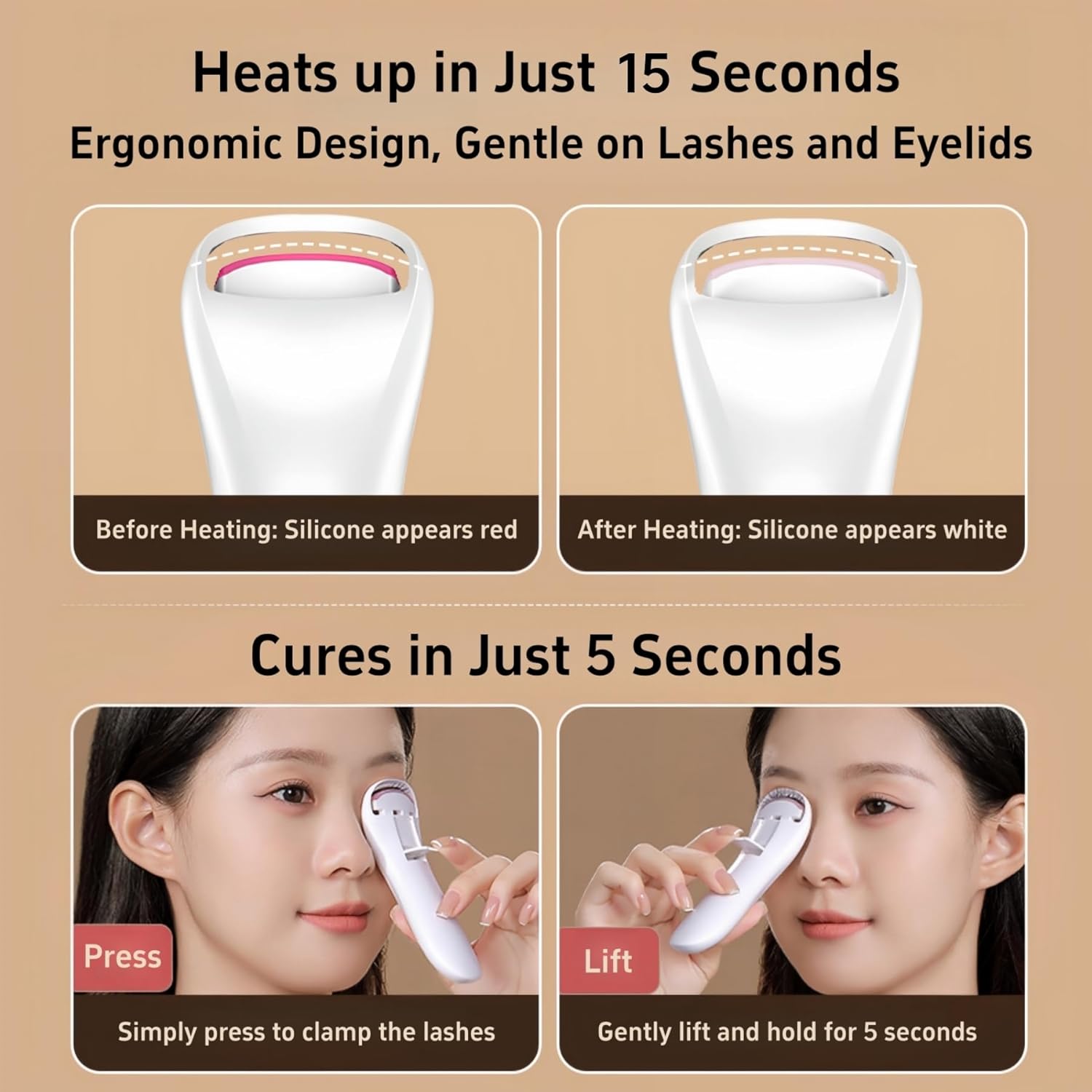 Heated Eyelash Curler, Fast 15s Heat up, Rechargeable Electric Lash Curler, 2-Level Adjustable Temp, for All Lash Types, Safe Anti-Burn, Quick Natural Curling Lashes, for Long-Lasting Curls - Image 4