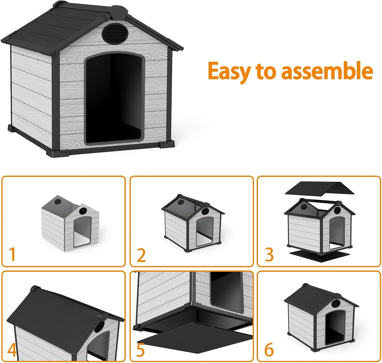 Indoor Outdoor Dog House Weatherproof for Small Medium Dogs, Resin Plastic Pet House with Flip Lid and Elevated Floor, Easy Assembly (45" Large Dog House)