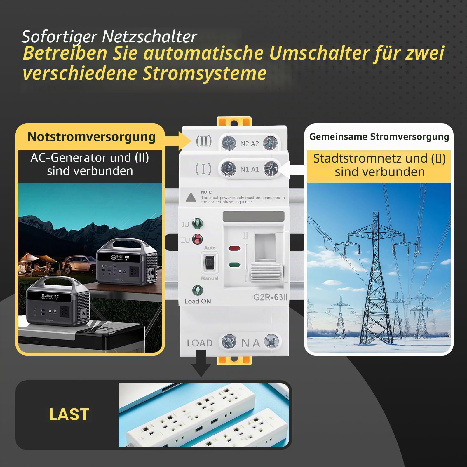 Netzvorrangschaltung Dual Power Automatic Transfer Switch 2P 63A 220V ATS Photovoltaico Schalter 2 Positionen Notstrom Umschalter Doppelspeisung