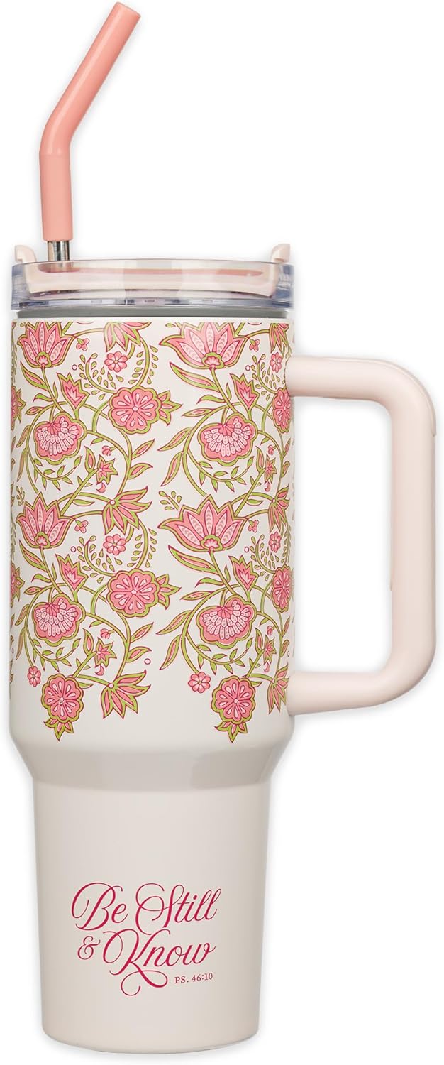 Christian Art Gifts Extra Large Stainless Steel Double Wall Vacuum Insulated Travel Tumbler for Women: Be Still Inspirational Scripture, Lid, Reusable Straw, Wide Handle, White & Pink Floral, 40 oz.